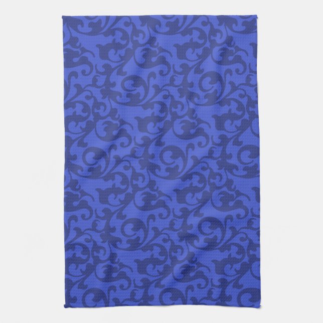 Elegant Blue Renaissance Damask Swirls Kitchen Towel (Vertical)