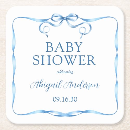 Elegant Blue Ribbon Baby Shower  Square Paper Coaster