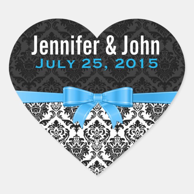 Elegant Blue Ribbon Black & White Damasks 2 Heart Sticker (Front)