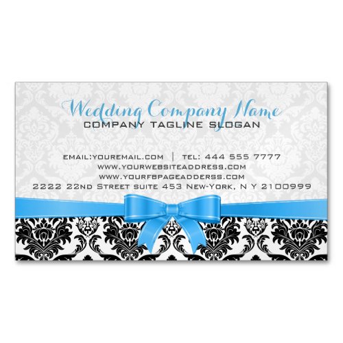 Elegant Blue Ribbon Black  White Damasks 2 Magnetic Business Card