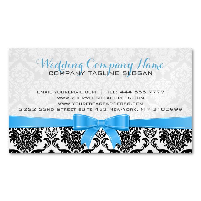 Elegant Blue Ribbon Black & White Damasks 2 Magnetic Business Card (Front)