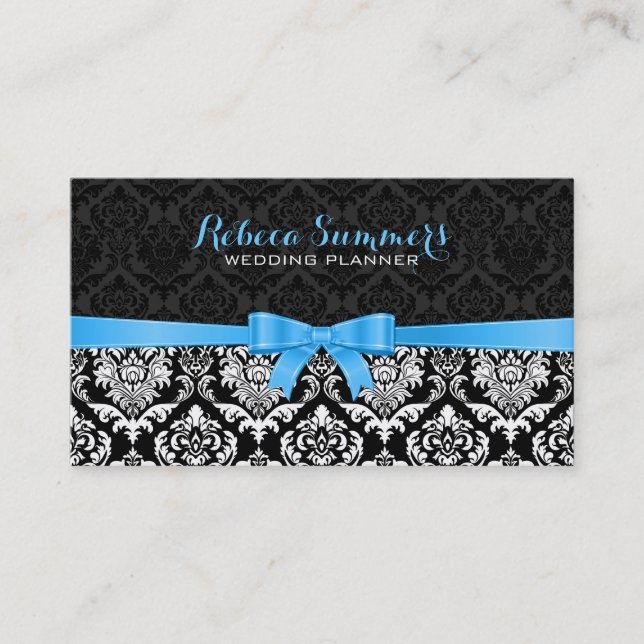 Elegant Blue Ribbon Black & White Damasks 2a Business Card (Front)