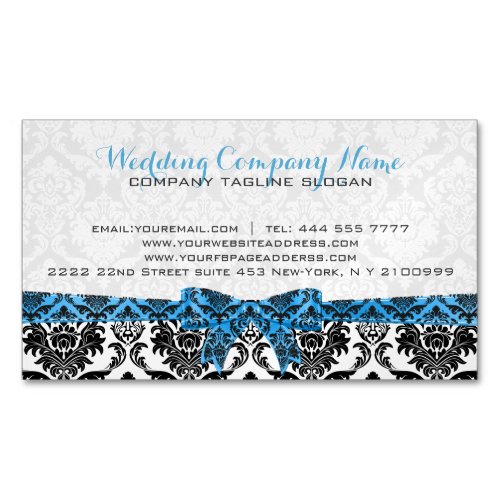 Elegant Blue Ribbon Black  White Damasks Business Card Magnet