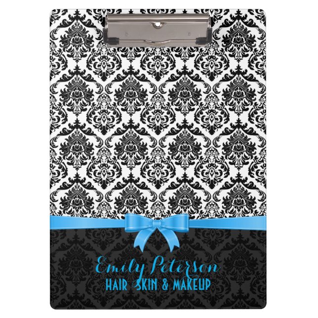 Elegant Blue Ribbon Black & White Damasks Clipboard (Front)