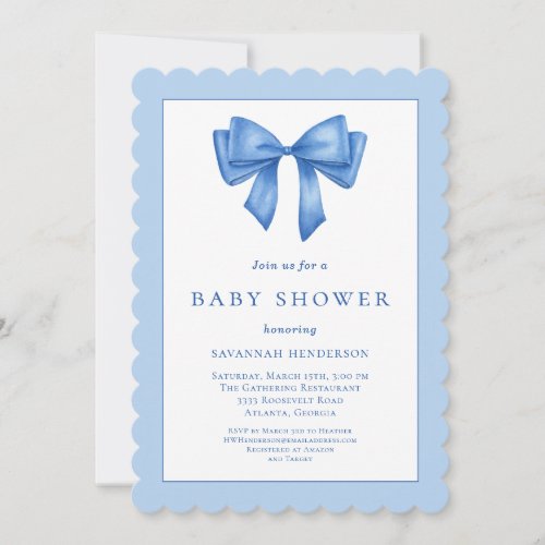Elegant Blue Ribbon Bow Baby Shower Invitation