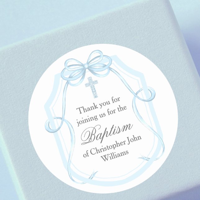 Elegant Blue Ribbon Bow Baptism Party Classic Round Sticker (Creator Uploaded)