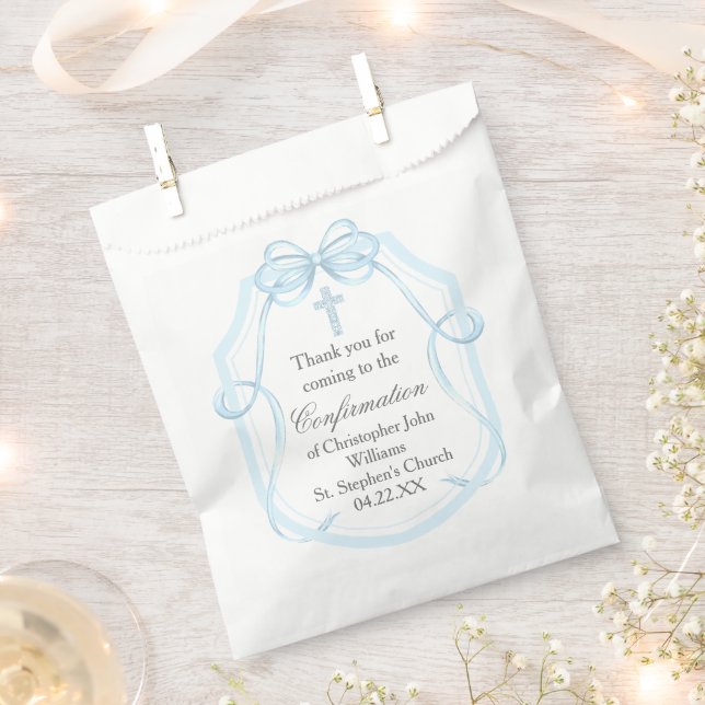 Elegant Blue Ribbon Bow Confirmation Party Favor Bag (Clipped)