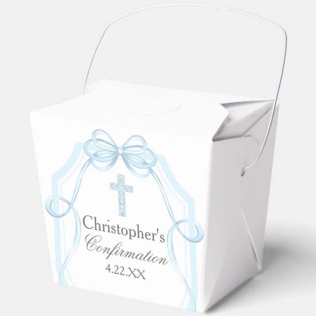 Elegant Blue Ribbon Bow Confirmation Party Favor Boxes (Front)