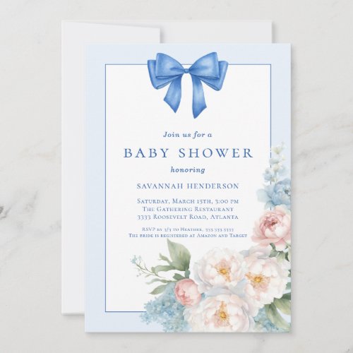 Elegant Blue Ribbon Bow Floral Baby Shower Invitation