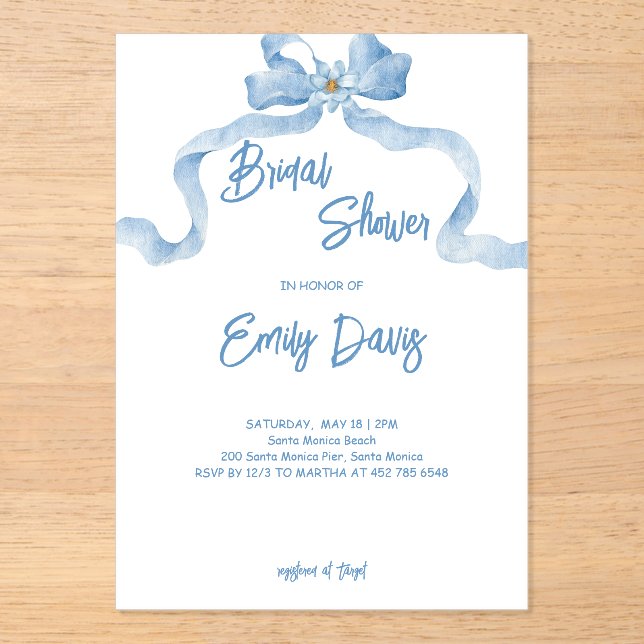 Elegant Blue Ribbon Bridal Shower Invitation (Front)