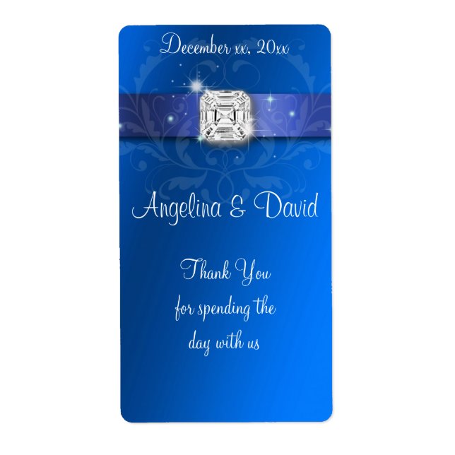 Elegant Blue Ribbon Diamond Wine/Water Label (Front)