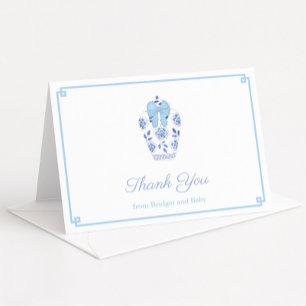 Elegant Blue Ribbon Ginger Jar Baby Boy Shower Letterpress Thank You Card