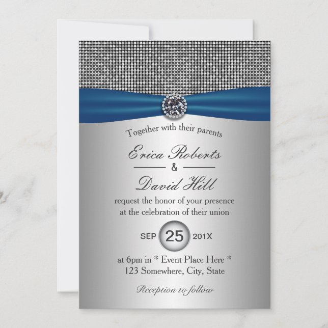Elegant Blue Ribbon Modern Silver Glitter Wedding Invitation (Front)