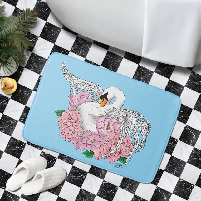 Elegant Blue Romantic Swan Peony Floral  Bath Mat (Creator Uploaded)
