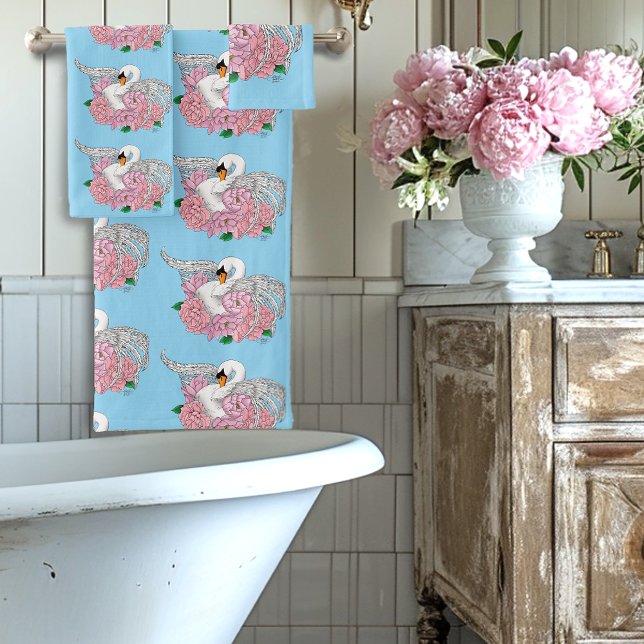 Elegant Blue Romantic Swan Peony Floral  Bath Towel Set (Creator Uploaded)