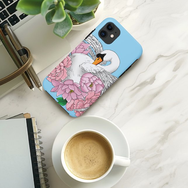 Elegant Blue Romantic Swan Peony Floral  Case-Mate iPhone Case (Creator Uploaded)