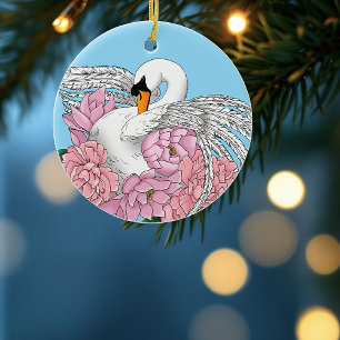 Elegant Blue Romantic Swan Peony Floral  Ceramic Ornament