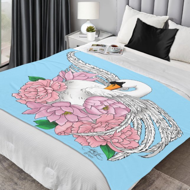 Elegant Blue Romantic Swan Peony Floral  Fleece Blanket (Creator Uploaded)
