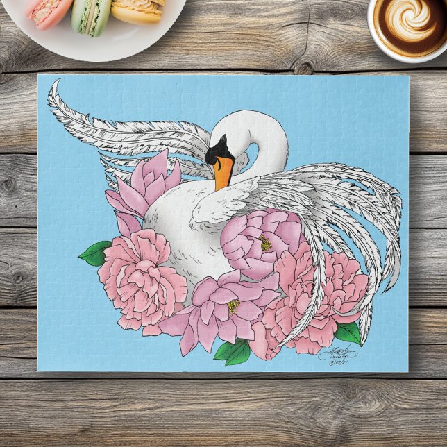Elegant Blue Romantic Swan Peony Floral  Jigsaw Puzzle (Creator Uploaded)