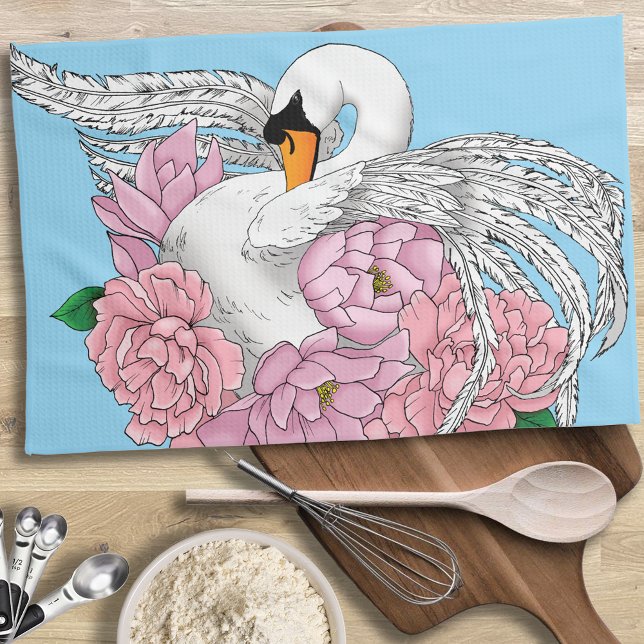 Elegant Blue Romantic Swan Peony Floral  Kitchen Towel (Creator Uploaded)