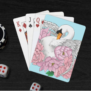 Elegant Blue Romantic Swan Peony Floral Poker Cards