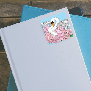 Elegant Blue Romantic Swan Peony Floral  Square Sticker