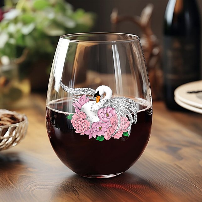 Elegant Blue Romantic Swan Peony Floral  Stemless Wine Glass (Creator Uploaded)