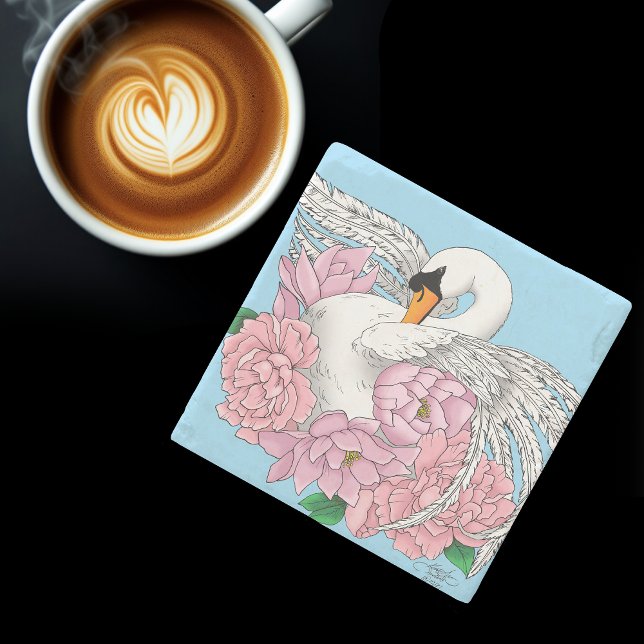 Elegant Blue Romantic Swan Peony Floral  Stone Coaster (Creator Uploaded)