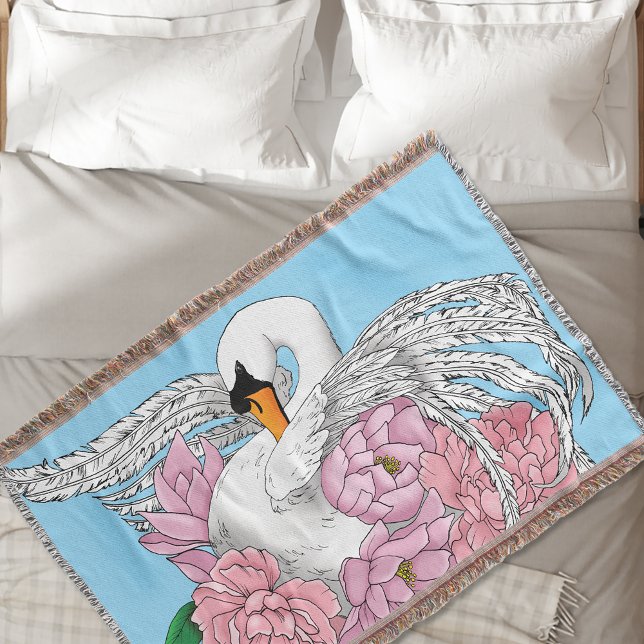 Elegant Blue Romantic Swan Peony Floral  Throw Blanket (Creator Uploaded)