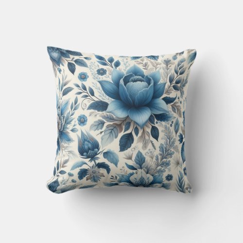 Elegant Blue Rose and White Boho Flowers Pattern  Throw Pillow