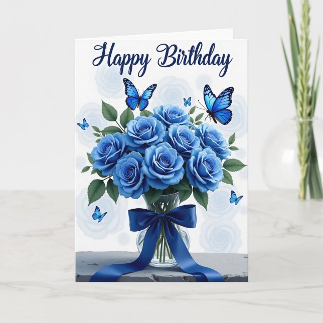 Elegant Blue Rose Bouquet Card (Front)