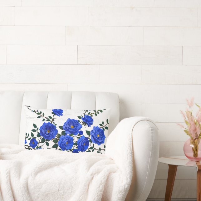 Elegant Blue Rose Branch Design Lumbar Pillow (Couch)