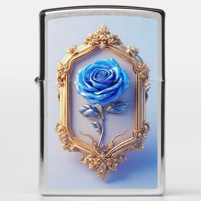 Elegant Blue Rose Displayed in Ornate Gold Frame Zippo Lighter (Front)
