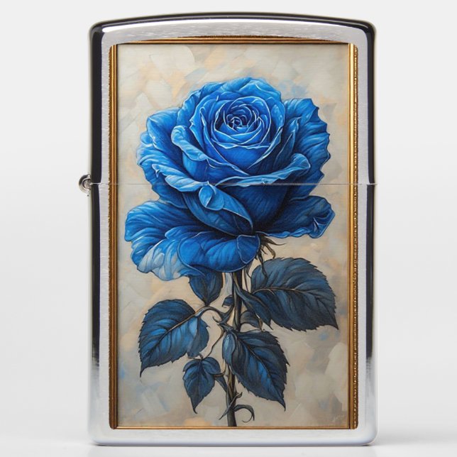 Elegant Blue Rose Displayed in Ornate Gold Frame Zippo Lighter (Front)