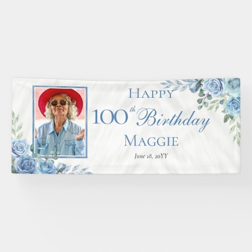 Elegant Blue Rose Floral 100th Birthday Party Banner