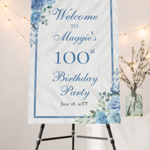 Elegant Blue Rose Floral 100th Birthday Party Foam Board
