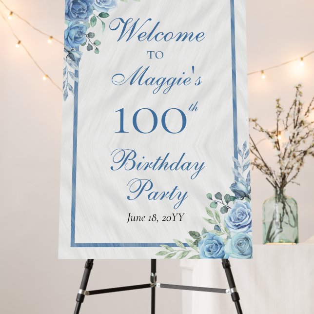 Elegant Blue Rose Floral 100th Birthday Party Foam Board (In Situ (Stand))