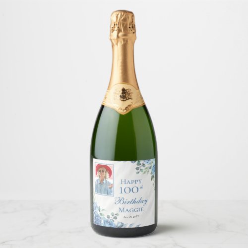 Elegant Blue Rose Floral 100th Birthday Party Sparkling Wine Label