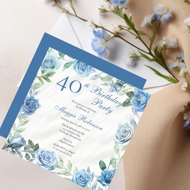 Elegant Blue Rose Floral 40th Birthday Party Invitation (Elegant Blue Roses Floral Frame 40th Birthday Party Invitation - Available in Print and/or Digital)