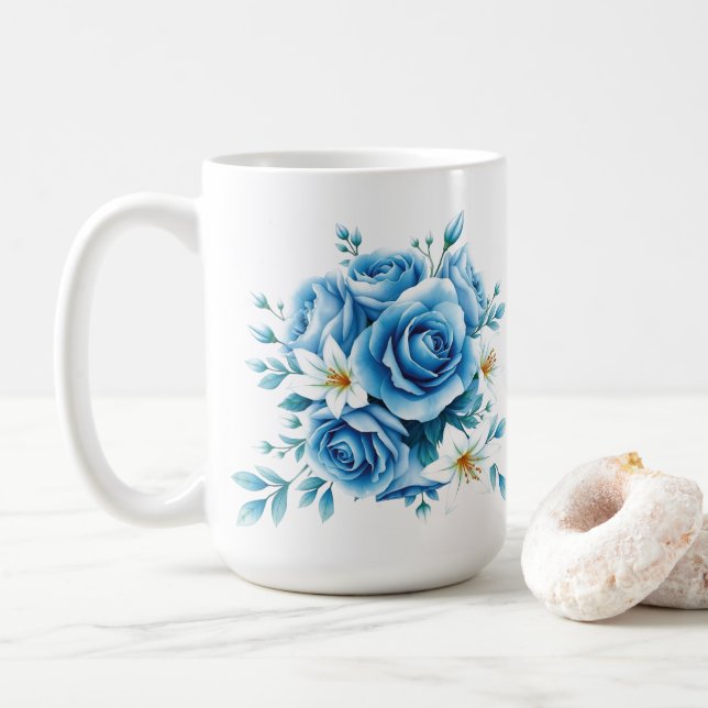 Elegant Blue Rose Floral Artwork  Coffee Mug (With Donut)