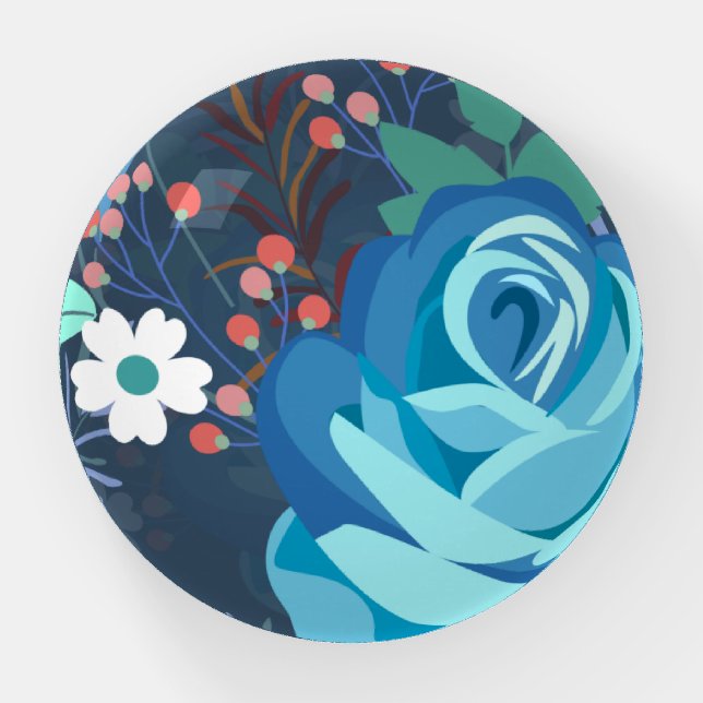 Elegant Blue Rose Floral Design Office Desk Glass Paperweight (Front)
