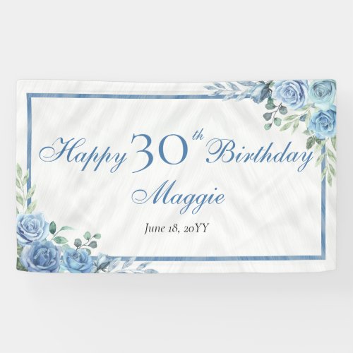 Elegant Blue Rose Floral Frame 30th Birthday Party Banner