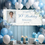 Elegant Blue Rose Floral Frame 30th Birthday Party Banner<br><div class="desc">Elegant Blue, White, and Sage Green Floral Birthday Banner – Sophisticated Happy Birthday Party Decoration Celebrate in style with this refined "Happy Birthday" party design featuring a soft, elegant color palette of dusty sage green, classic white, and muted blue tones. A graceful watercolor greenery and floral frame surrounds the text,...</div>