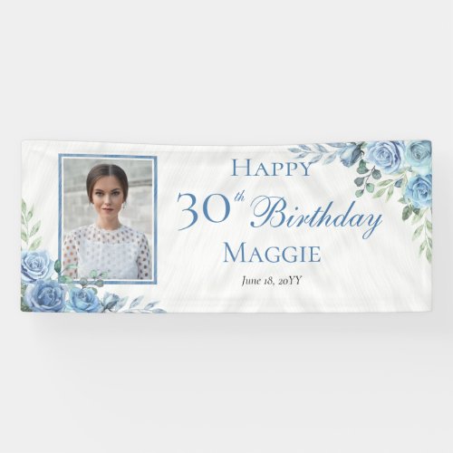 Elegant Blue Rose Floral Frame 30th Birthday Party Banner