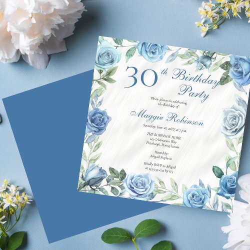 Elegant Blue Rose Floral Frame 30th Birthday Party Invitation