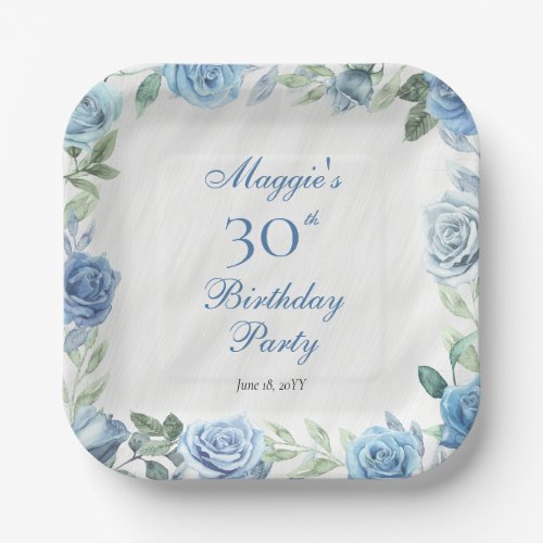 Elegant Blue Rose Floral Frame 30th Birthday Party Paper Plates