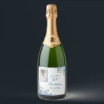 Elegant Blue Rose Floral Frame 30th Birthday Party Sparkling Wine Label<br><div class="desc">Elegant blue and white with dusky sage green greenery floral frame "Happy Birthday" party celebration design.</div>