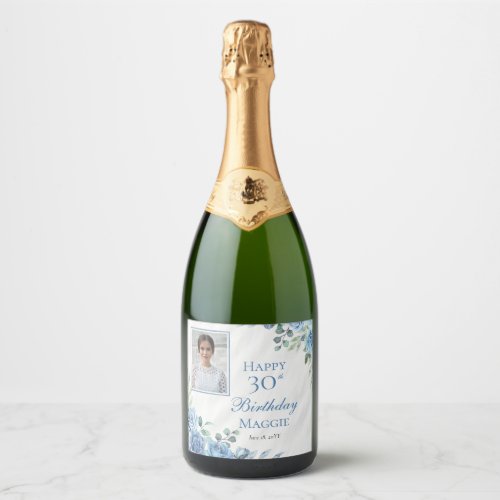 Elegant Blue Rose Floral Frame 30th Birthday Party Sparkling Wine Label