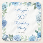 Elegant Blue Rose Floral Frame 30th Birthday Party Square Paper Coaster<br><div class="desc">Elegant blue and white with dusky sage green greenery floral frame birthday party celebration design.</div>