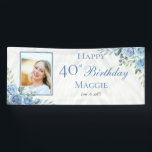 Elegant Blue Rose Floral Frame 40th Birthday Party Banner<br><div class="desc">Elegant blue and white with dusky sage green greenery floral frame "Happy Birthday" party celebration design.</div>